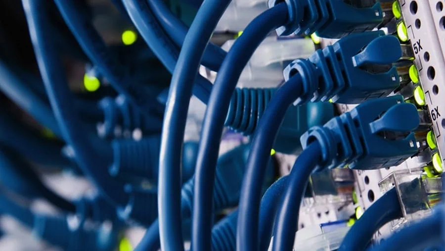 Blaue Netzwerkkabel, die an einen Netzwerk-Switch in einem Serverraum angeschlossen sind.