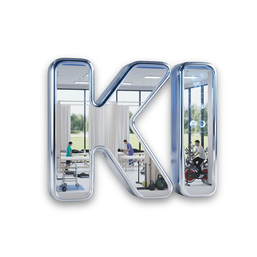 Grafik mit dem Schriftzug KI, der eine Physiotherapie-Praxis mit verschiedenen Geräten darstellt.