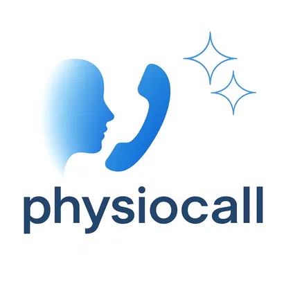 Logo von Physiocall mit einem stilisierten Kopf und einem Telefonhörer in Blau.