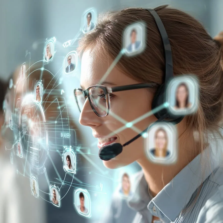 Frau mit Brille und Headset, die mit einer grafischen Darstellung von Kommunikationsverbindungen interagiert.